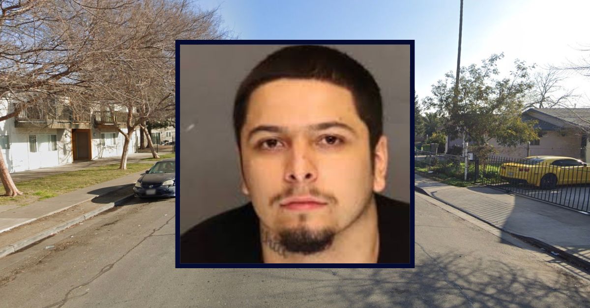 Inset: Mathew Garcia (Stockton Police Dept.). Background: The street where Garcia lived when he beat his newborn son to death (Google Maps).