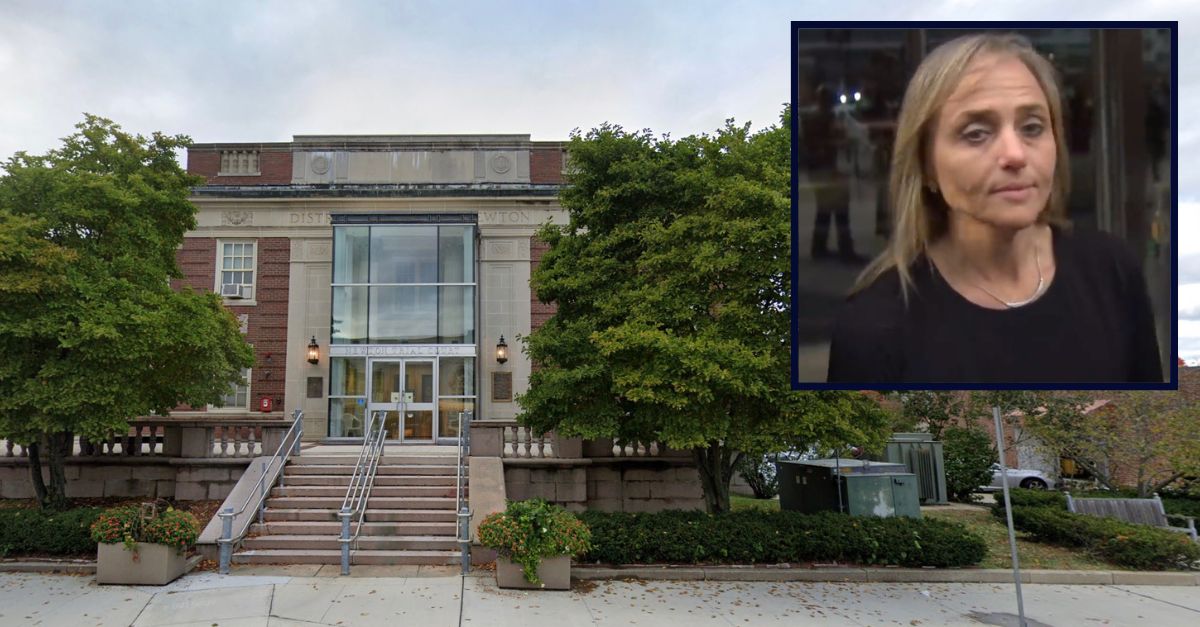 Inset: Newton District Court Judge Shelley Joseph (WBZ). Background: Newton District Courthouse (Google Maps).