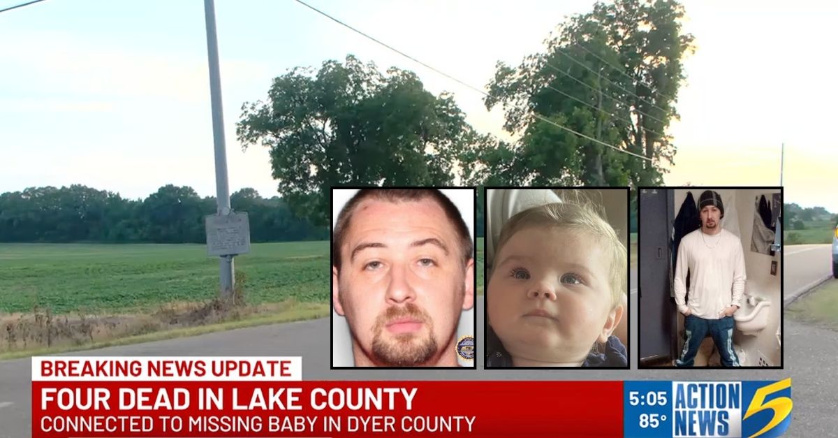 Left inset: Austin Drummond (Tennessee Bureau of Investigation). Center inset: The abandoned 7-month-old child of Matthew Wilson and Adrianna Williams, who sparked an investigation leading to the discovery of their bodies in Lake County, Tenn., on Tuesday, July 29, 2025 (Dyer County Sheriff