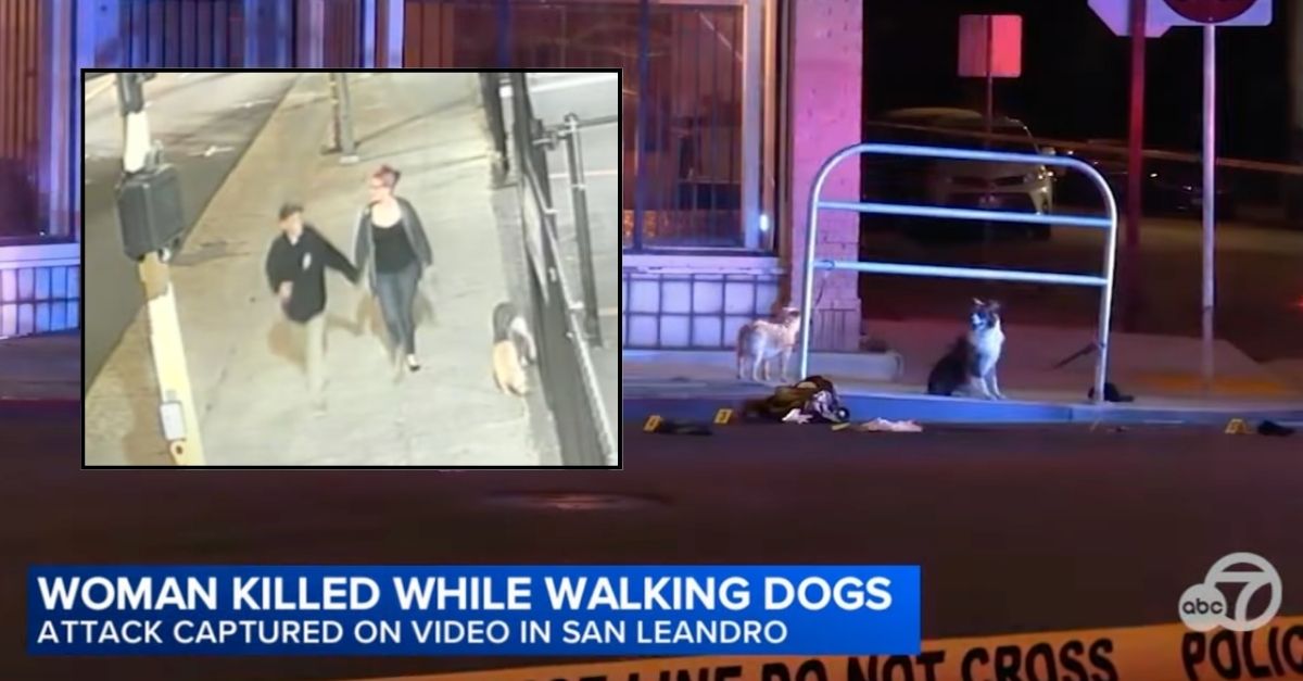 Inset: A California woman walking her dogs in San Leandro with her boyfriend and her dogs moments before she was allegedly gunned down by 21-year-old Rohith Sunil (San Leandro Police/KGO). Background: The shooting scene at East 14th and Williams Streets in San Leandro where a woman was shot and killed while walking her dogs (KGO/YouTube).