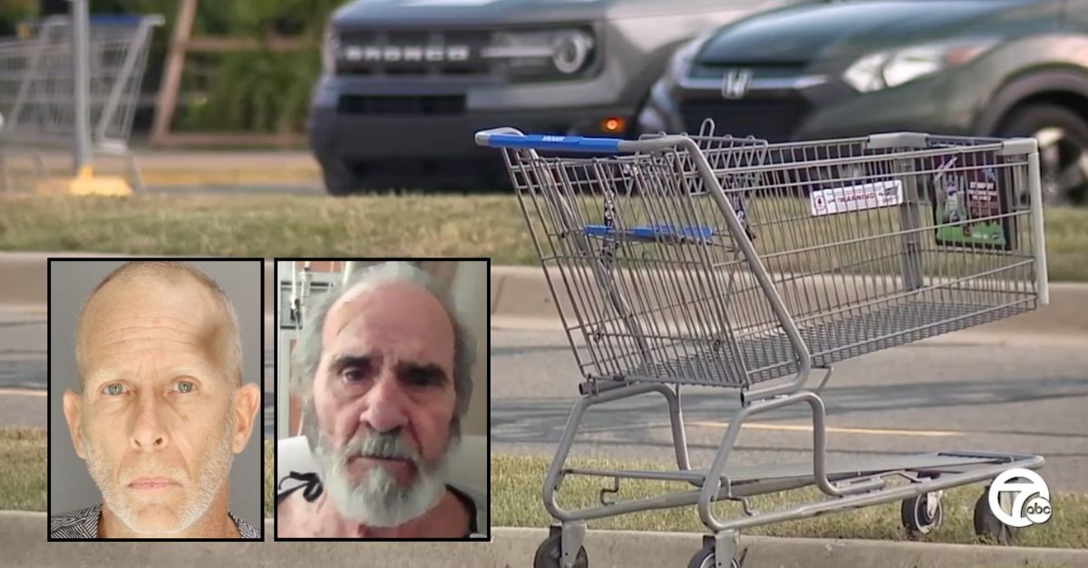 Left inset: John Kreitner (Dearborn Police Department). Right inset: Judo Whitaker (WXYZ/YouTube). The Kroger parking lot in Dearborn, Mich., where John Kreitner allegedly attacked 84-year-old Judo Whittaker (WXYZ/YouTube).