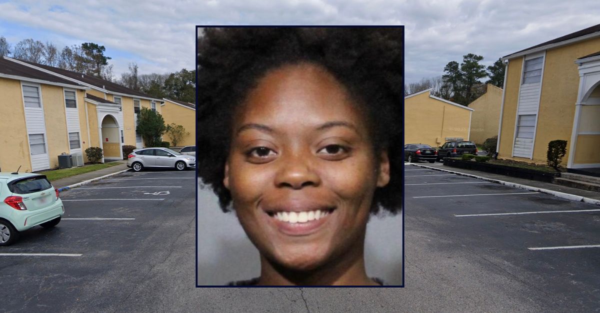 Inset: Journee McGrew (Duval County Jail). Background: Cross Creek Apartments, where McGrew allegedly beat a man to death last week (Google Maps).