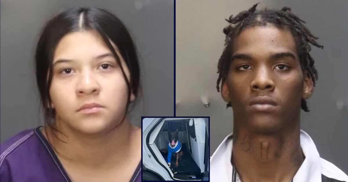 Main, left to right: Desmariah Ramos and Darrin King (McLennan County Jail). Inset: K9 Officer "Andor" in June 2025 (Waco PD).