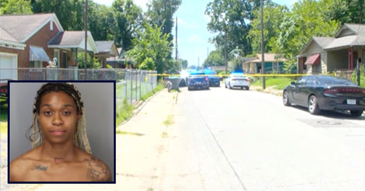Inset: Keosha Vester (Shelby County Jail). Background: Authorities at the scene where Vester allegedly shot the father of her child (WMC).