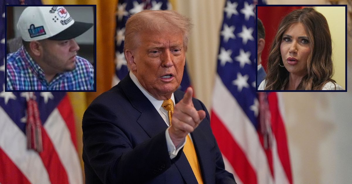 Main: President Donald Trump gestures during a reception for Republican members of Congress in the East Room of the White House, Tuesday, July 22, 2025, in Washington (AP Photo/Julia Demaree Nikhinson). Inset left: Kilmar Abrego Garcia speaks in a hotel restaurant in San Salvador, El Salvador, Thursday, April 17, 2025 (Press Office Sen. Van Hollen, via AP). Inset right: Homeland Security Secretary Kristi Noem, left, speaking as President Donald Trump, far right, listens during a cabinet meeting at the White House, Tuesday, July 8, 2025, in Washington (AP Photo/Evan Vucci).
