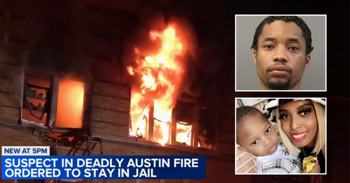 Top inset: Lontray Clark (Chicago Police Department). Bottom inset: Regina Henry and her son Jayceon Henry (Facebook). Background: A fire at a three-story apartment building in the 5200 block of West North Avenue in Chicago, Ill., that took the lives of four people on June 26, 2025 (WLS/YouTube).