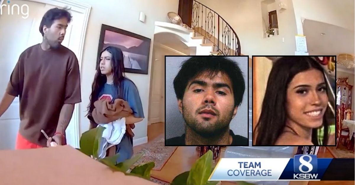 Left inset: Martin Mendoza (Santa Clara County Jail). Right inset: Marissa DiNapoli (Morgan Hill Police Department). Background: Security footage shows Marissa DiNapoli