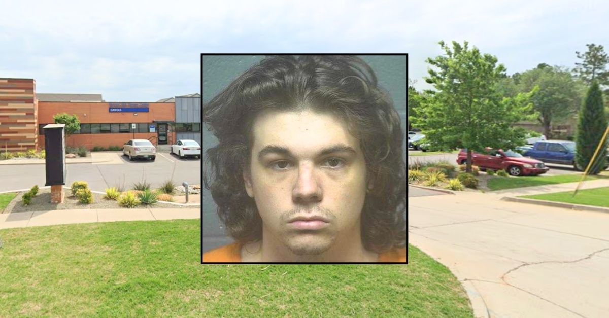 Inset: Micah Hill (Edmond Police Department). Background: The Biomat USA Plasma Center in Edmond, Okla., where Micah Hill allegedly shot his girlfriend