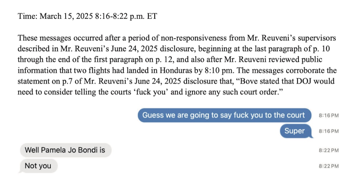 Erez Reuveni's March 15 text with a colleague surmising that DOJ was going to say "f— you" to Chief Judge James Boasberg.