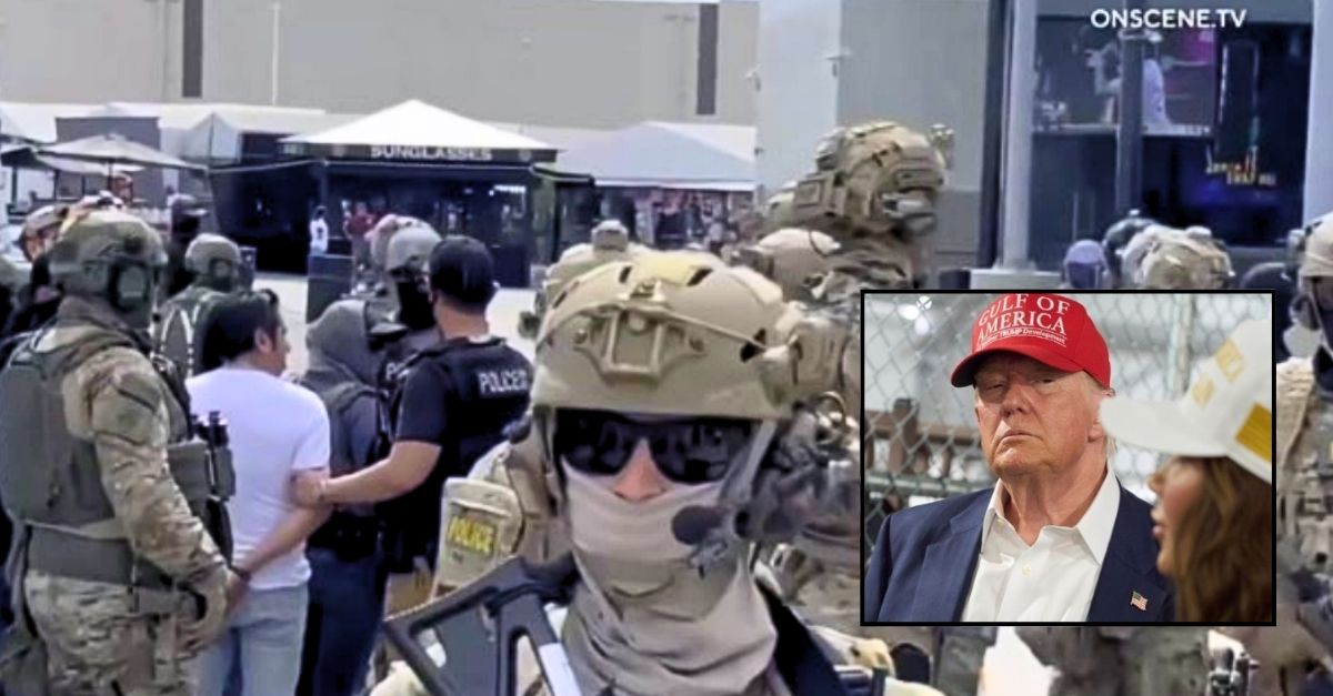  ICE agents raiding a Santa Fe Springs swap conscionable   connected  June 14, 2025 (Onscene.TV/ACLU). Inset: President Donald Trump listens arsenic  Homeland Security Secretary Kristi Noem speaks astatine  Dade-Collier Training and Transition facility, Tuesday, July 1, 2025, successful  Ochopee, Fla. (AP Photo/Evan Vucci).