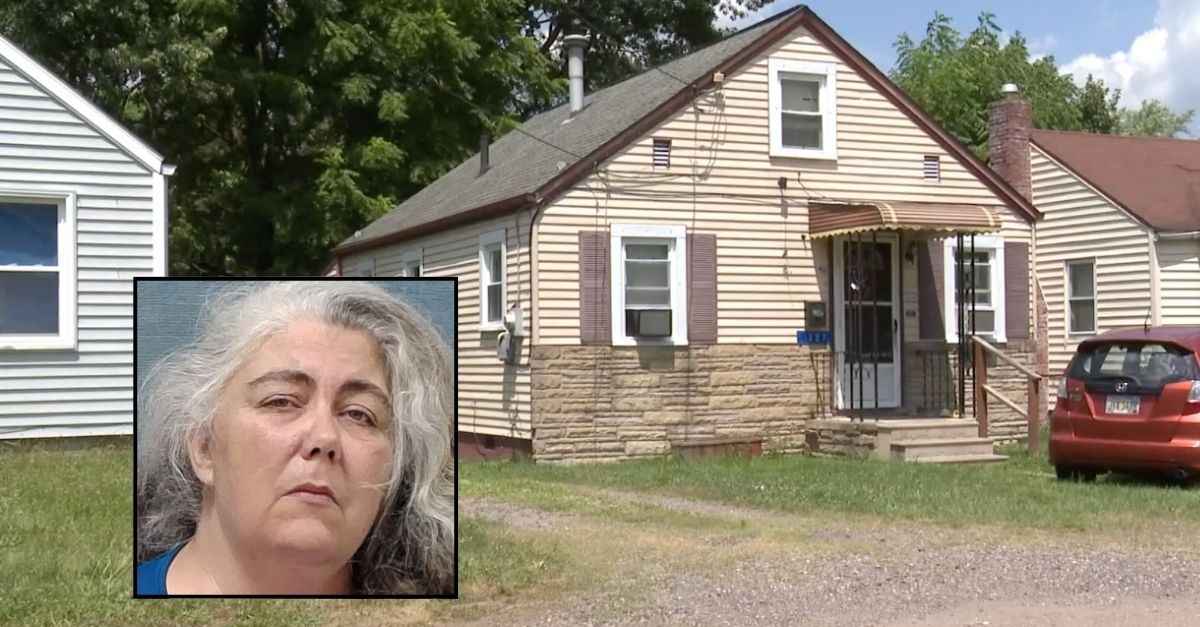 Inset: Terri Niner (Stark County Jail). Background: The home where Terri Niner allegedly stabbed her adult daughter Ayla Mangan (WOIO).
