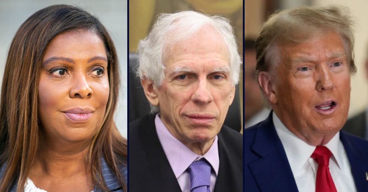 Left: New York Attorney General Letitia James speaks to the media, Nov. 6, 2023, in New York (AP Photo/Ted Shaffrey). Center: Judge Arthur Engoron presides over former President Donald Trump