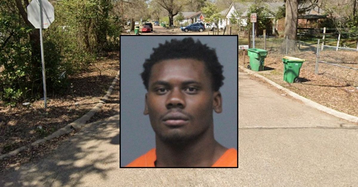 Inset: Deroyce Brown (Bowie County Detention Center). Background: The 500 block of Lumpkin Street where Deroyce Brown allegedly stabbed a man in the face and eye (Google Maps).