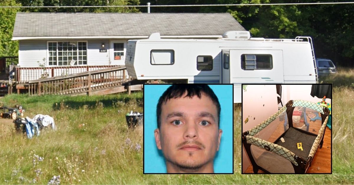 Left inset: Eugene Rantanen (Michigan Sex Offender Registry). Right inset: A "pack and play" where Eugene Rantanen is believed to have killed his 19-month-old son, Carter, in February 2024 (U.S. Attorney