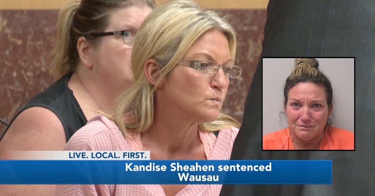 Inset: Kandise Sheahen (Marathon County). Background: Kandise Sheahen inside a Marathon County, Wisc., courtroom in May 2025 (WSAW).