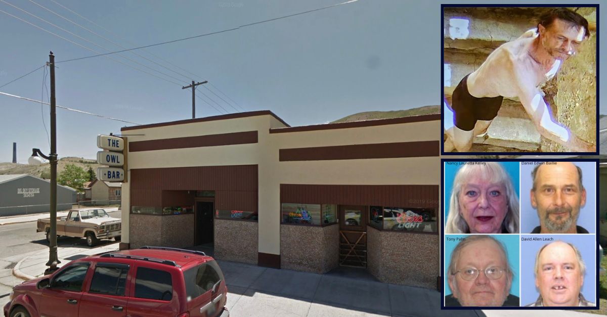 Inset, top to bottom: Michael Paul Brown shortly after he allegedly killed four people in a Montana bar and the four victims (Montana Department of Justice). Background: The bar where Brown allegedly shot the victims (Google Maps).