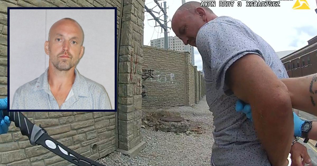 Inset: Robert J. Rhoades (Tulsa Police Dept.). Background: Rhoades being arrested after allegedly slicing a woman