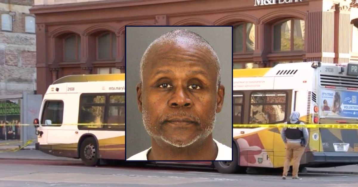Inset: James Richburg (BPD). Background: The bus where Richburg killed a man after bumping into him last year (WBAL).