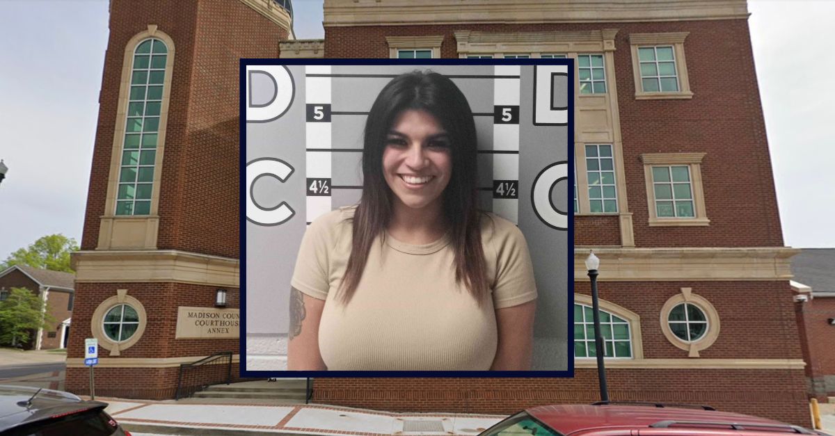 Inset: Stephanie Carlquist (Madison County Detention Center). Background: Madison County Courthouse (Google Maps).