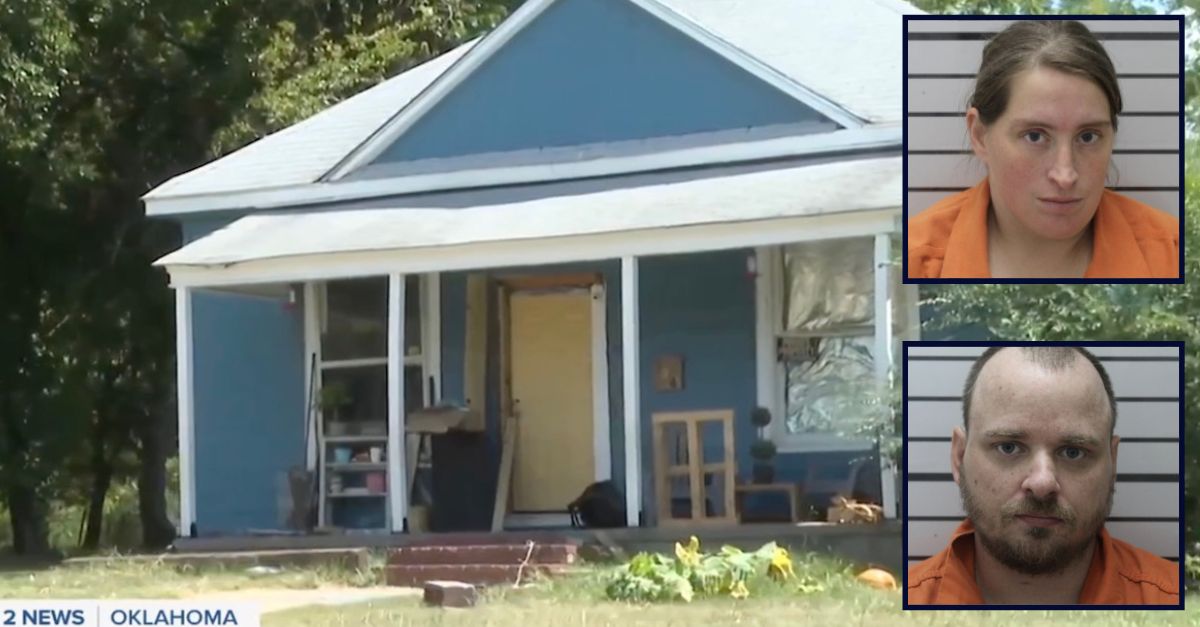 Inset, top to bottom: Cherie Walker and Dustin Walker (Muskogee County Jail). Background: The home where the Walkers