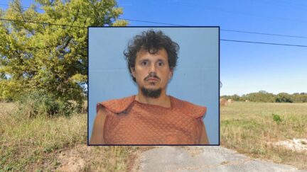 Inset: Gregory Whitt (Crawford County Detention Center). Background: The wooded area where Whitt allegedly killed his husband with a screwdriver (Google Maps).