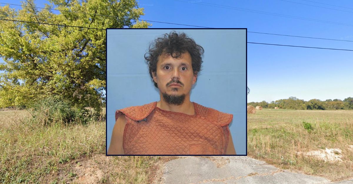 Inset: Gregory Whitt (Crawford County Detention Center). Background: The wooded area where Whitt allegedly killed his husband with a screwdriver (Google Maps).