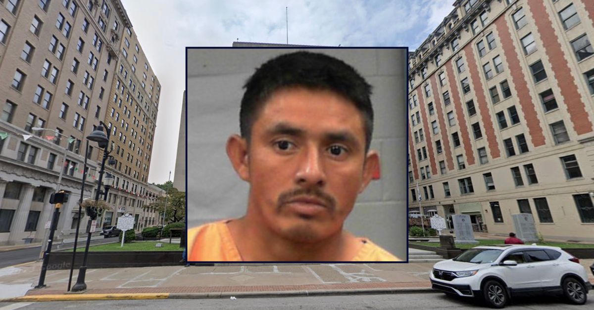 Inset: Juan Jose Benitez-Chacon (West Virginia Division of Corrections and Rehabilitation). Background: The Harrison County, West Virginia Courthouse (Google Maps).