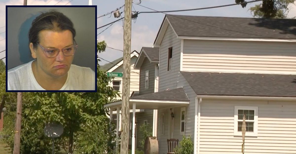 Inset: Sarah Shelburne (Nelson County Detention Center). Background: The home Shelburne allegedly tried to burn down (WLKY).