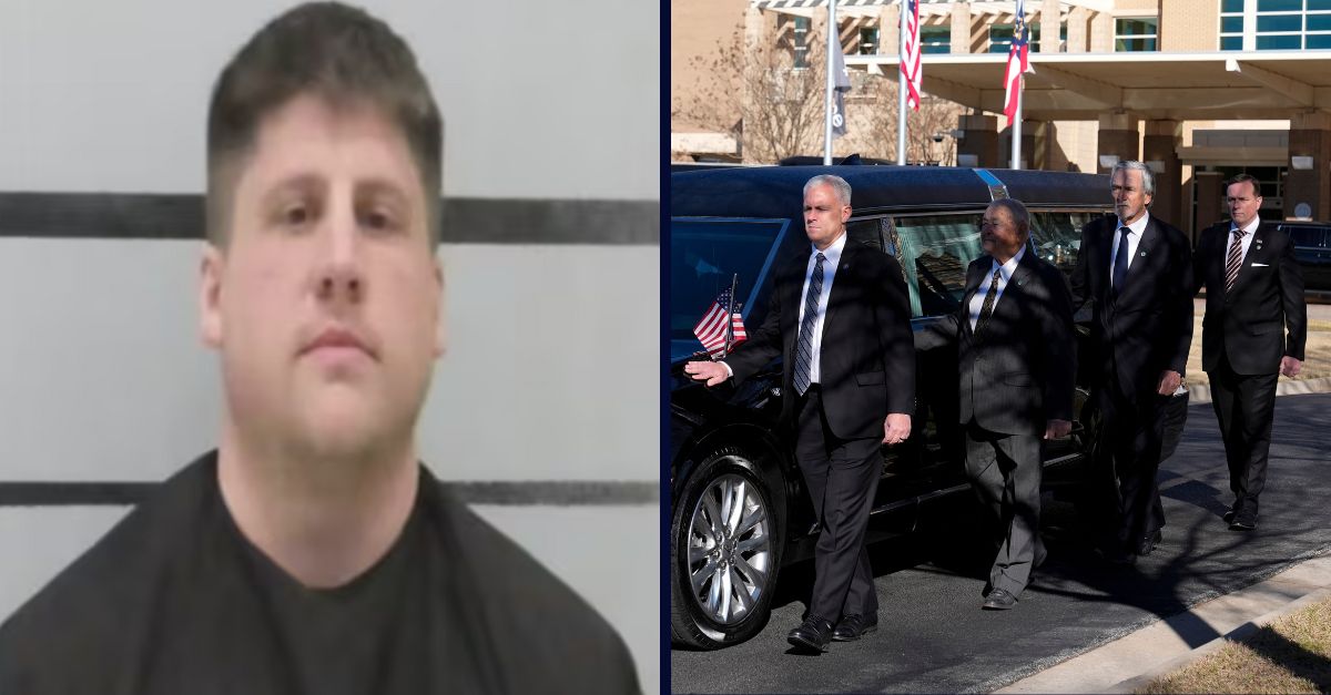 Left: Tristan Langston (Lubbock County Jail). Right: Former and current U.S. Secret Service agents assigned to the Carter detail, walk with the hearse carrying flag-draped casket of former President Jimmy Carter, at Phoebe Sumter Medical Center in Americus, Ga., Saturday, Jan. 4, 2025. Carter died Dec. 29 at the age of 100. (AP Photo/Alex Brandon, Pool).