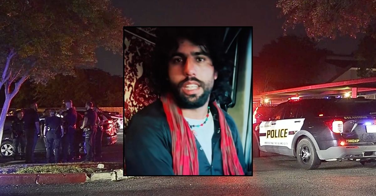 Inset: Naqibullah Habibzoi talking in a TikTok video (@khosti2002/TikTok). Background: The 9100 block of Dartbrook Drive in San Antonio, Texas, where Naqibullah Habibzoi allegedly shot and killed Awal Noor Kiftan (WLTX).