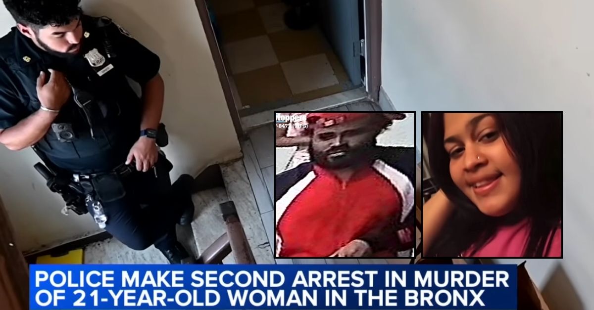 Left inset: Robert Strother (NYPD). Right inset: Princesa Encarnacion-Soto (News 12/YouTube). Background: The Bronx apartment where Robert Strother allegedly held Princesa Encarnacion-Soto hostage and killed last month (WABC/YouTube).