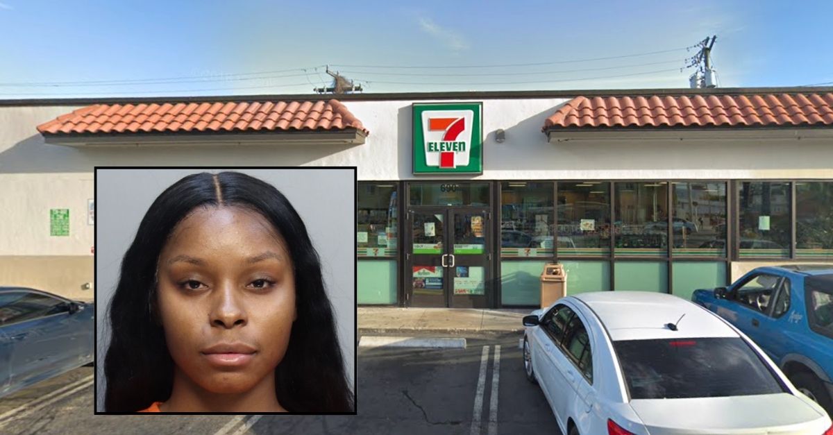 Inset: Shakia Jenkins (MDCR). Background: The 7-Eleven at 690 NW 79th St. in Miami, Fla., where Shakia Jenkins allegedly attacked a woman and stabbed her (Google Maps).