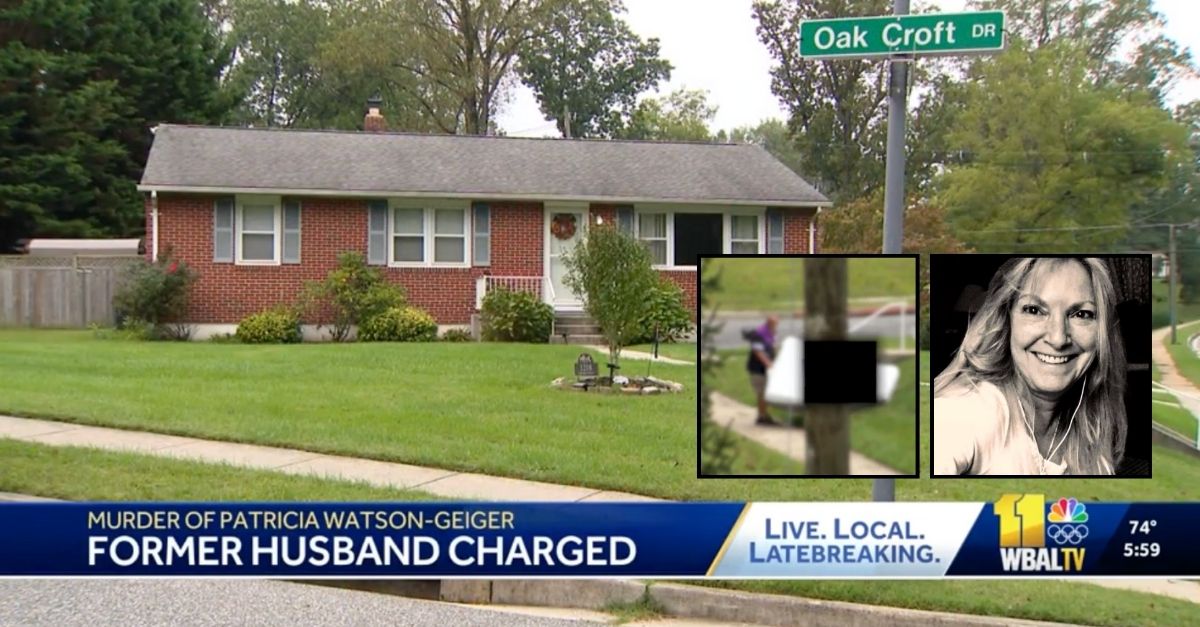 Left inset: Footage allegedly showing Karl Geiger dragging out a bloody mattress from his home after his ex-wife