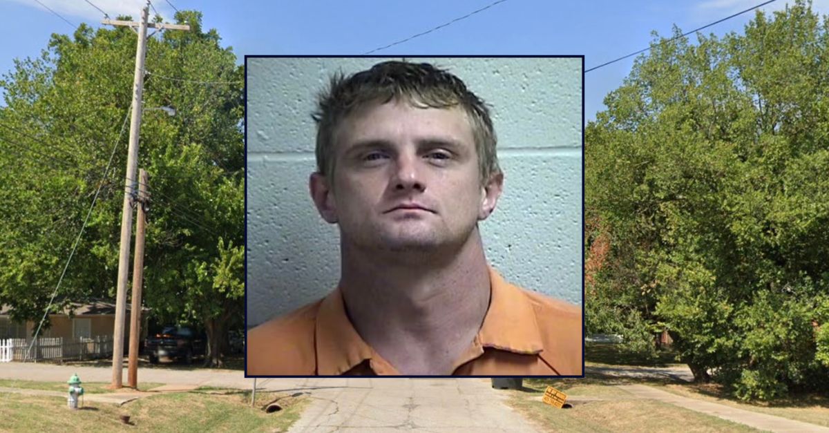 Inset: Bradley Frye (Pottawatomie County Jail). Background: The street in Pottawatomie County where Frye killed his wife (Google Maps).