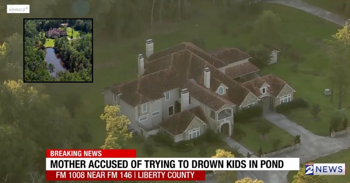 Background: The home of the family whose three children were allegedly found in a nearby pond in Liberty County, Texas (YouTube/KPRC). Inset: The home and pond where the children were allegedly found (YouTube/KPRC). 