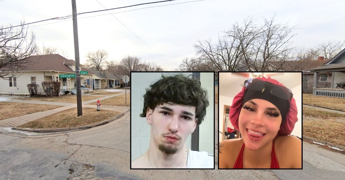 Left inset: Matthew Criscenzo (Sedgwick County Jail). Right inset: Naomi Oglesby (GoFundMe). Background: The 700 Block of Laura Street in Wichita, Kan., where Matthew Criscenzo allegedly shot Naomi Oglesby inside of his father