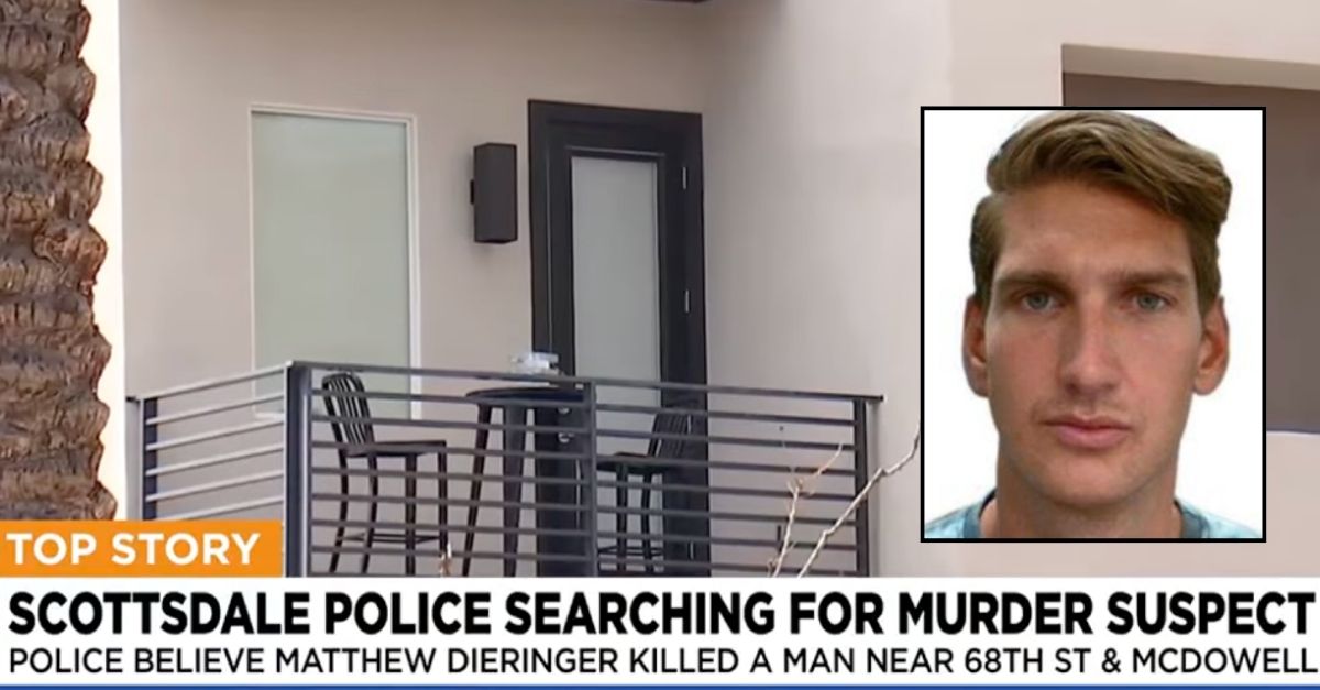 Inset: Matthew Dieringer (Scottsdale Police Department). The townhome complex where Matthew Dieringer allegedly killed 67-year-old Frank Quaranta in Scottsdale, Ariz., last week (AZFamily/YouTube).