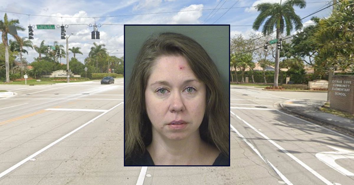 Megan Lee Champion appears inset against an image of an intersection where she allegedly crashed into a school bus.