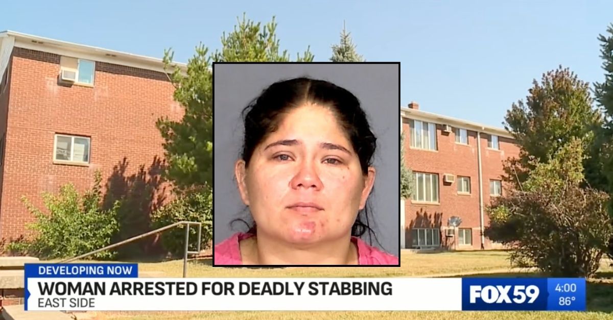 Inset: Mirla Gonzalez-Palma (Marion County Jail). Background: The apartment complex in Indianapolis, Ind., where Mirla Gonzalez-Palma allegedly stabbed her boyfriend to death following an early morning fight (WXIN/YouTube).