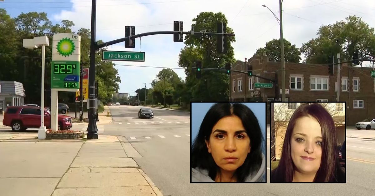 Left inset: Rosalinda Vaca (Waukegan Police Department). Right inset: Michelle Heidbrick (GoFundMe). Background: The intersection of Grand Avenue and Jackson Street in Waukegan, Ill., where Rosalinda Vaca allegedly killed Michelle Heidbrick in a hit-and-run crash on Sunday night, Sept. 21, 2025 (WGN/YouTube).