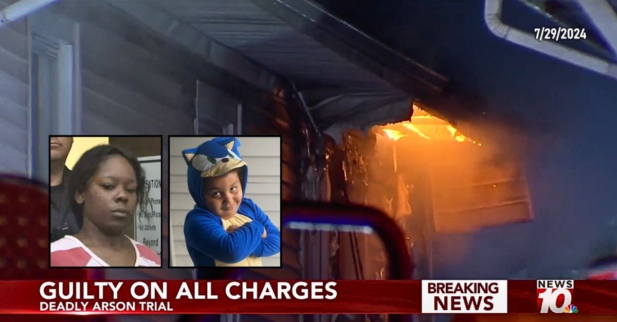 Left inset: Taquida Hendrix (WHAM/YouTube). Right inset: Malakai Stovall (GoFundMe). Background: The home that Taquida Hendrix allegedly set on fire, killing 5-year-old Malakai Stovall (WHAM/YouTube).
