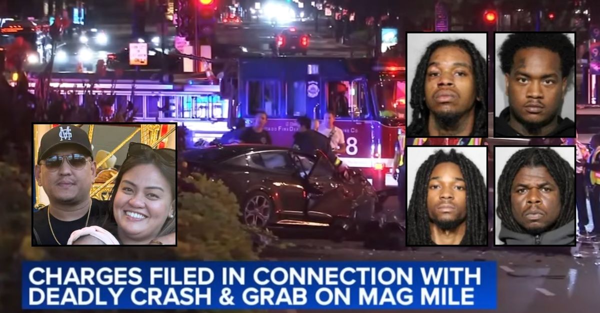 Large left inset: Mark Aceta and his girlfriend Roanne Masangkay (GoFundMe). Right insets, clockwise from top: Smash-and-grab suspects Harvey Fisher, Anthony Hemphill, Keith Perkins, and Alton Jackson (Cook County Sheriff