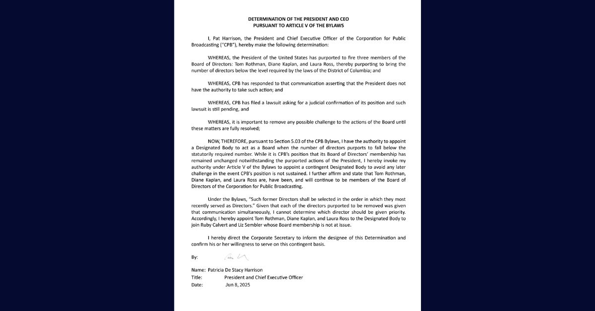 Court exhibit shows CPB CEO Patricia Harrison appointing 'Designated Body.'
