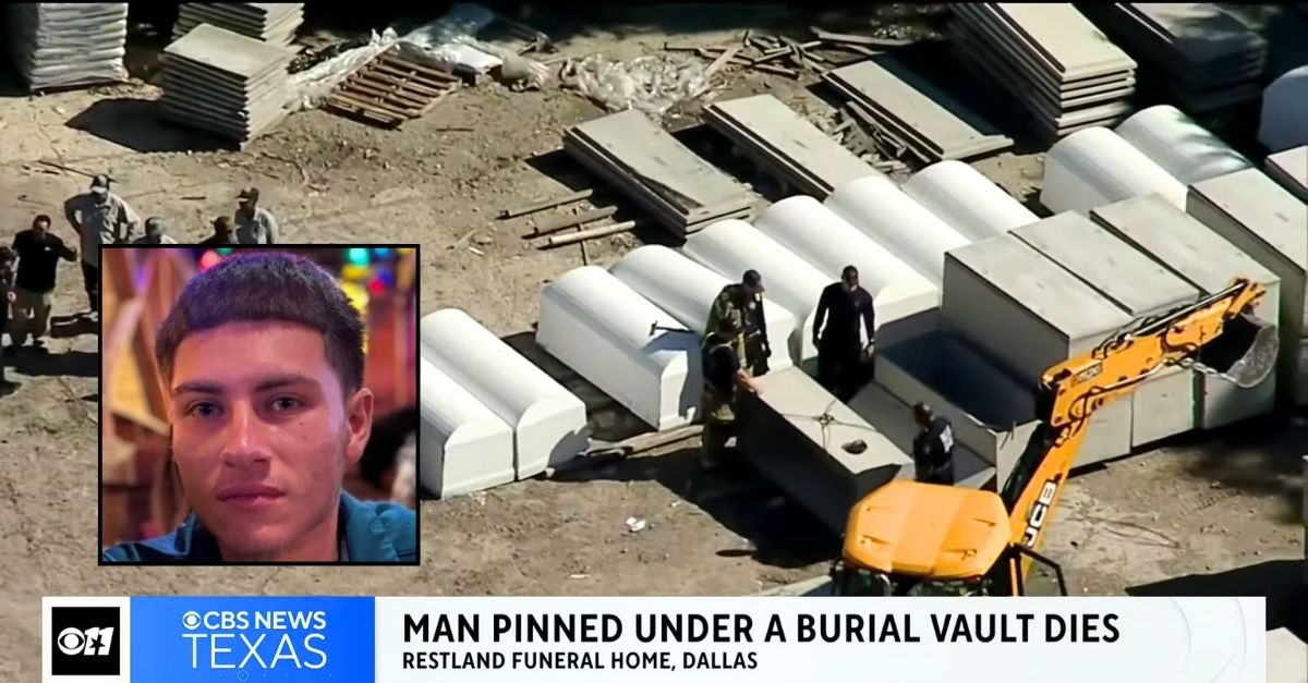 Inset: Angel Rojas (Nueva Vida Funeral Home). Background: Rows of burial vaults and caskets at the work site where Angel Rojas was fatally crushed last week, Oct. 20, 2025, in Texas (KTVT/YouTube).