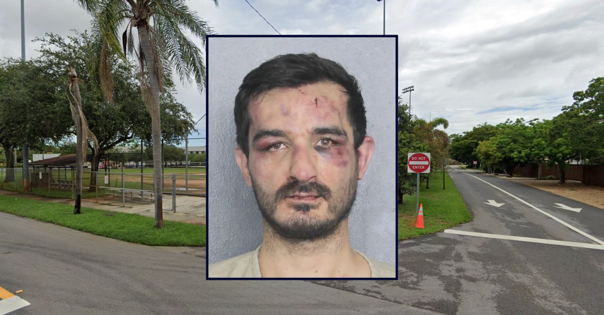Austin Caresani appears in a booking inset against an intersection in Florida.