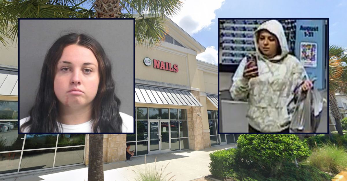 Left: Brynn Gifford; right: an image identified as Brynn Gifford – inset against an image of a nail salon where a theft occurred in Florida.