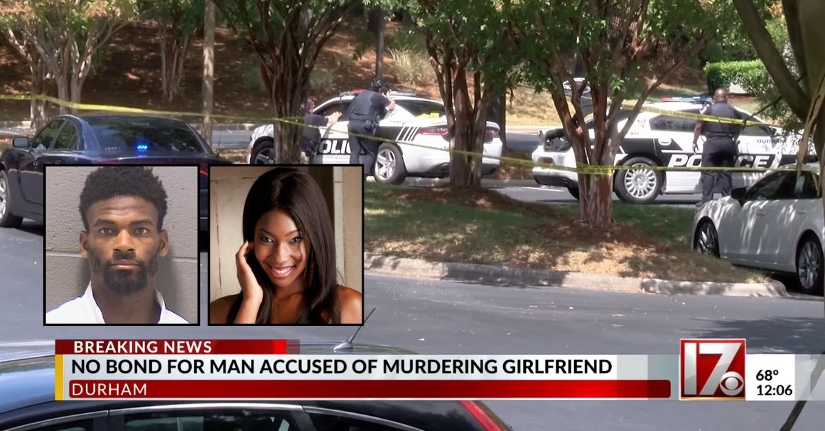 Left inset: Christopher Whitley (Durham Police Department). Right inset: Auriel Lowe (GoFundMe). Background: Police outside the Durham, N.C., apartment where Christopher Whitley allegedly strangled Auriel Lowe and then barricaded himself inside (WNCN/YouTube).