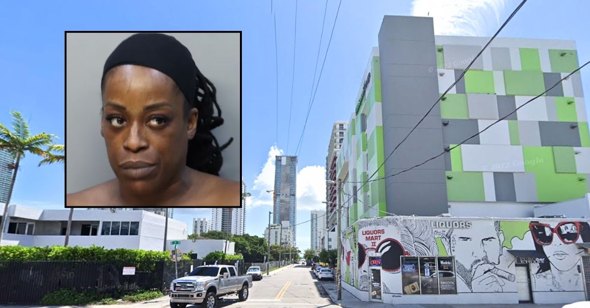 Inset: Hugana Davis (Miami-Dade Corrections & Rehabilitation). Background: The Miami liquor store where Hugana Davis allegedly robbed a man earlier this year (Google Maps).