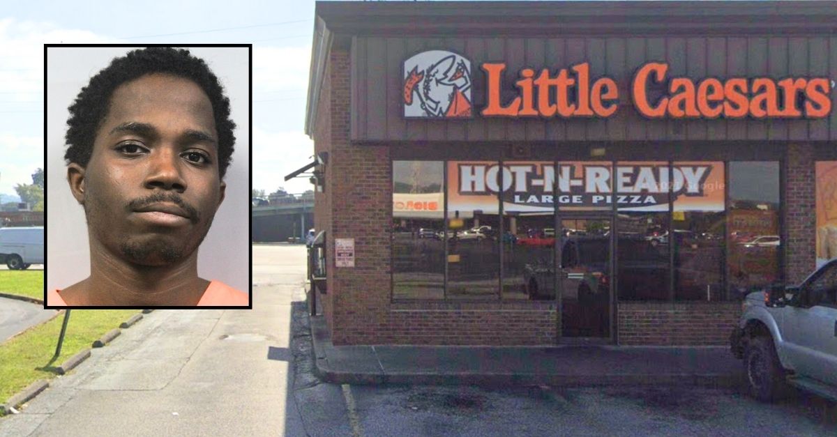 Background: The Little Caesars restaurant on Patrick Street Plaza in Charleston, West Virginia (Google Maps). Inset: Jahtique Farmer (West Virginia Division of Corrections and Rehabilitation).