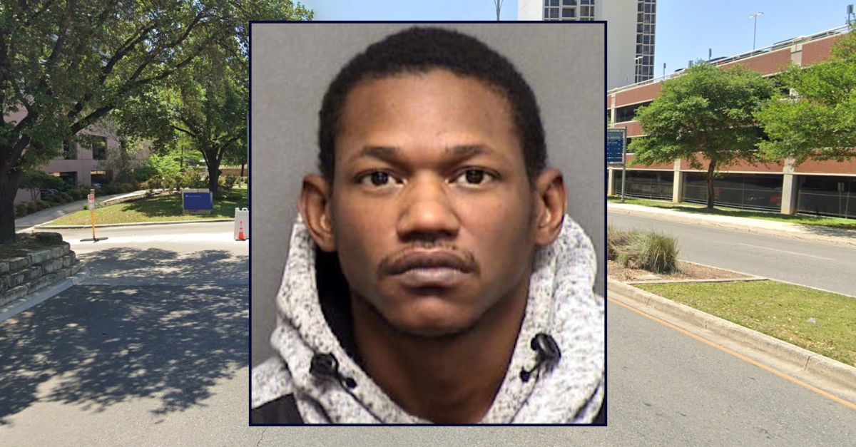 Derrick Coles (Bexar County Jail). Background: The street in Texas where Coles lived when he killed his young son (Google Maps).